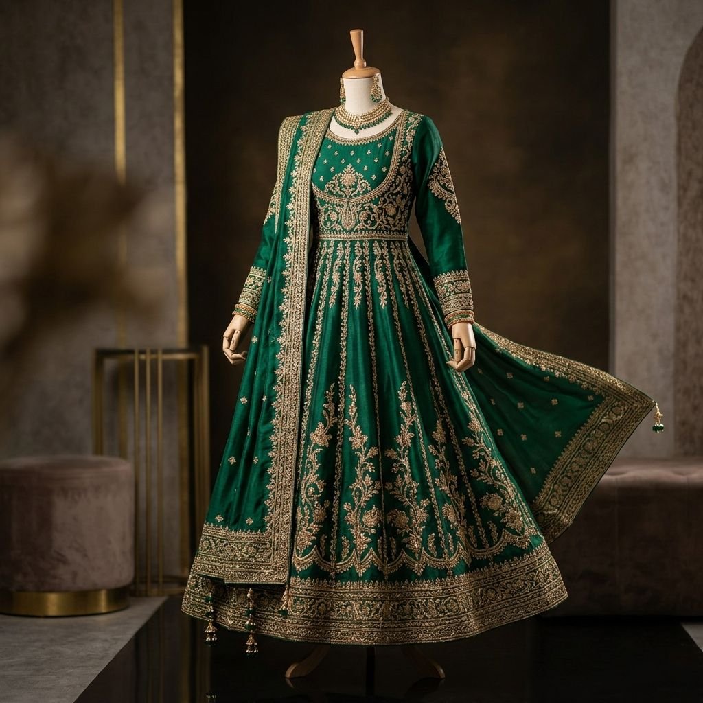 Emerald Green Silk Embroidered Stitched Maxi Dress with Dupatta