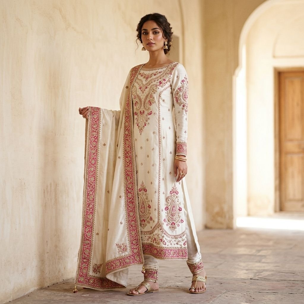 Ivory  Silk Embroidered Stitched 3-Piece Dress with Dupatta