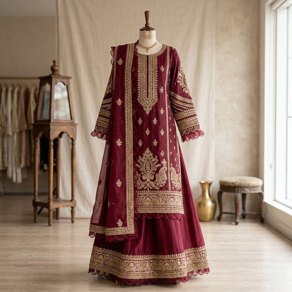 Maroon Silk Embroidered Stitched 3-Piece Dress with Dupatta