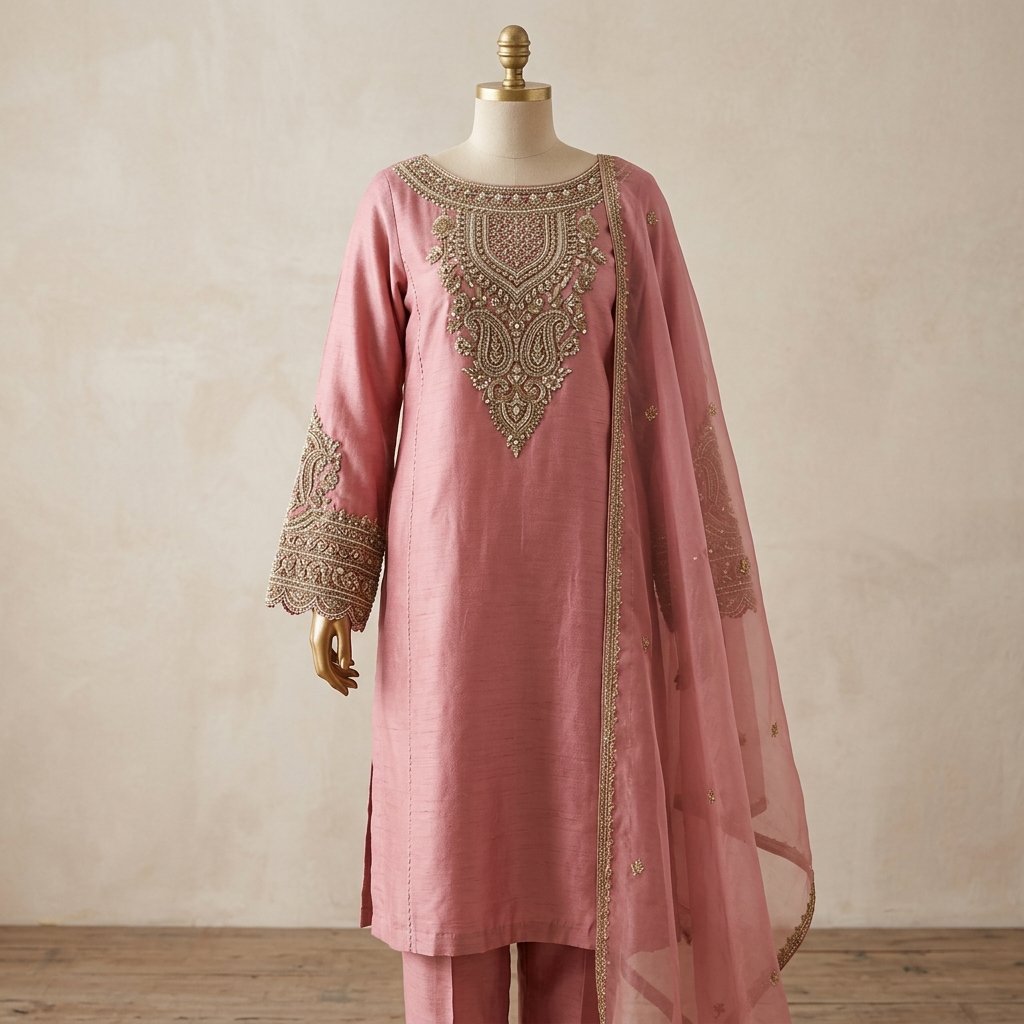 Pink Silk Embroidered Stitched 3-Piece Dress with Dupatta