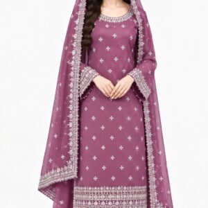 Embroidered Chiffon 3-Piece Suit with Trouser - purple - Stitched