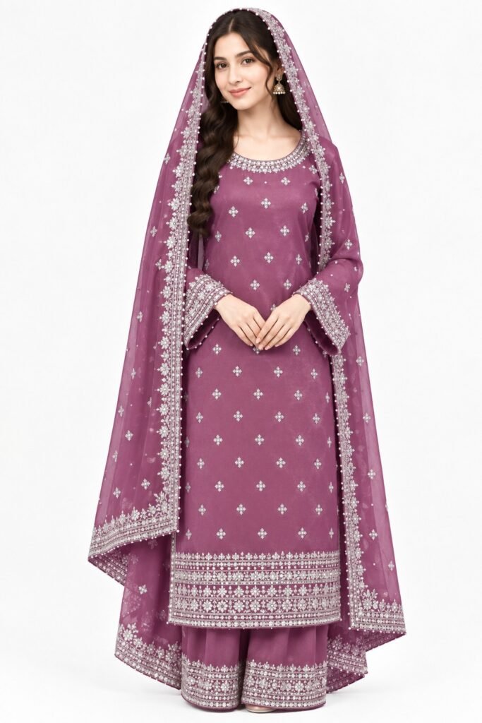 Embroidered Chiffon 3-Piece Suit with Trouser - purple - Stitched