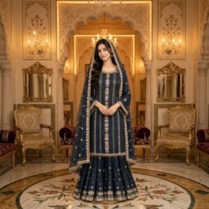 Embroidered Chiffon 3-Piece Sharara Suit - Navy Blue - Stitched