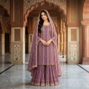 Embroidered Chiffon 3-Piece Sharara Suit - Purple - Stitched