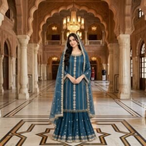 Embroidered Chiffon 3-Piece Sharara Suit - Teal - Stitched
