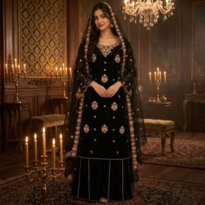 Embroidered Chiffon 3-Piece Suit with Plazo - Black - Stitched
