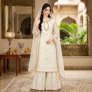 Embroidered Chiffon 3-Piece Suit with Plazo - Ivory - Stitched