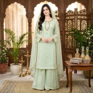 Embroidered Chiffon 3-Piece Suit with Plazo - Mint Green - Stitched