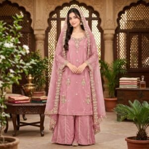 Designer Embroidered Chiffon Suit with Plazo - Pink - Stitched