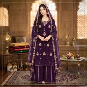 Designer Embroidered Chiffon Suit with Plazo - Purple - Stitched
