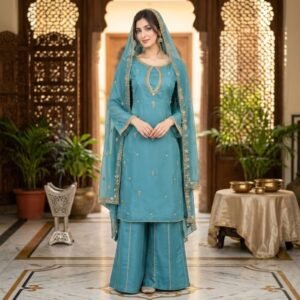 Designer Embroidered Chiffon Suit with Plazo - Teal - Stitched