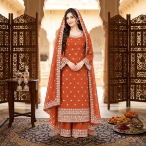 Embroidered Chiffon 3-Piece Suit with Trouser - Rust - Stitched