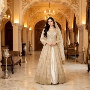Designer Embroidered Chiffon Maxi - Ivory - Stitched