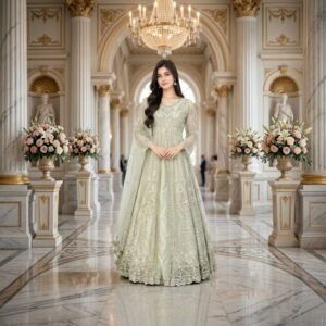 Designer Embroidered Chiffon Maxi - Mint Green - Stitched