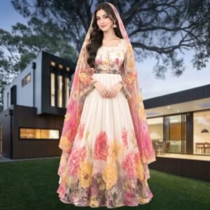 Floral Printed Chiffon Flared Maxi Frock - Multi-Color Floral - Stitched
