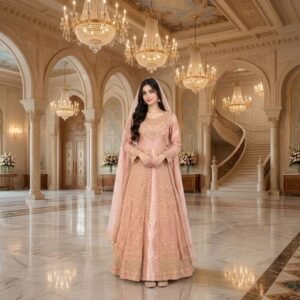 Luxury Organza Flared Maxi Gown - Peach - Stitched