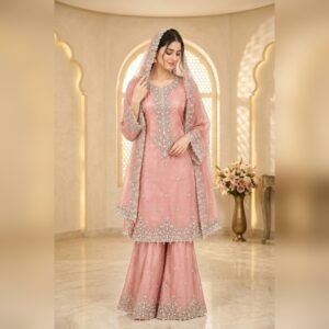 Luxury Organza 3-Piece Sharara Suit - Pink - Stitched