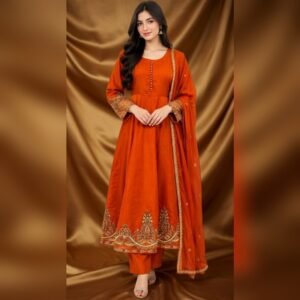 Pure Raw Silk 3-Piece Suit with Trouser - Rust - Stitched