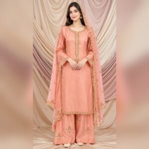 Pure Raw Silk 3-Piece Festive Suit with Farshi Bottom - Peach - Stitched