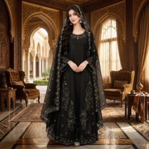 Pure Raw Silk Flared Maxi Gown - Black - Stitched