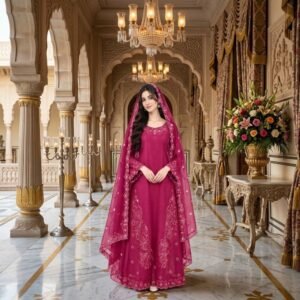 Pure Raw Silk Flared Maxi Gown - Maroon - Stitched